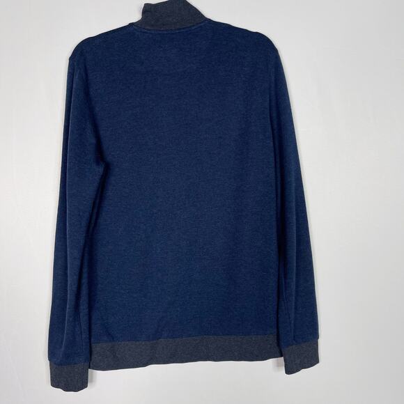 Ted Baker Mens 3 M Navy Blue Bevyhil Quarter Zip Pullover Sweater Cotton Leather - Picture 2 of 9
